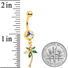 Clear Green Gem Gold Tone Palm Tree Tropical Dangle Belly Ring