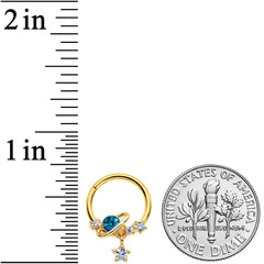 16G 3/8 Clear CZ Gem Gold Hue Blue Saturn Star Hinged Segment Ring