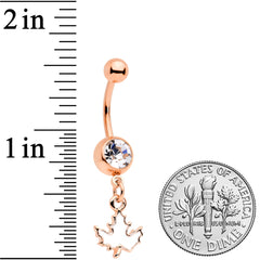Clear Gem Rose Gold Tone Autumn White Maple Leaf Dangle Belly Ring