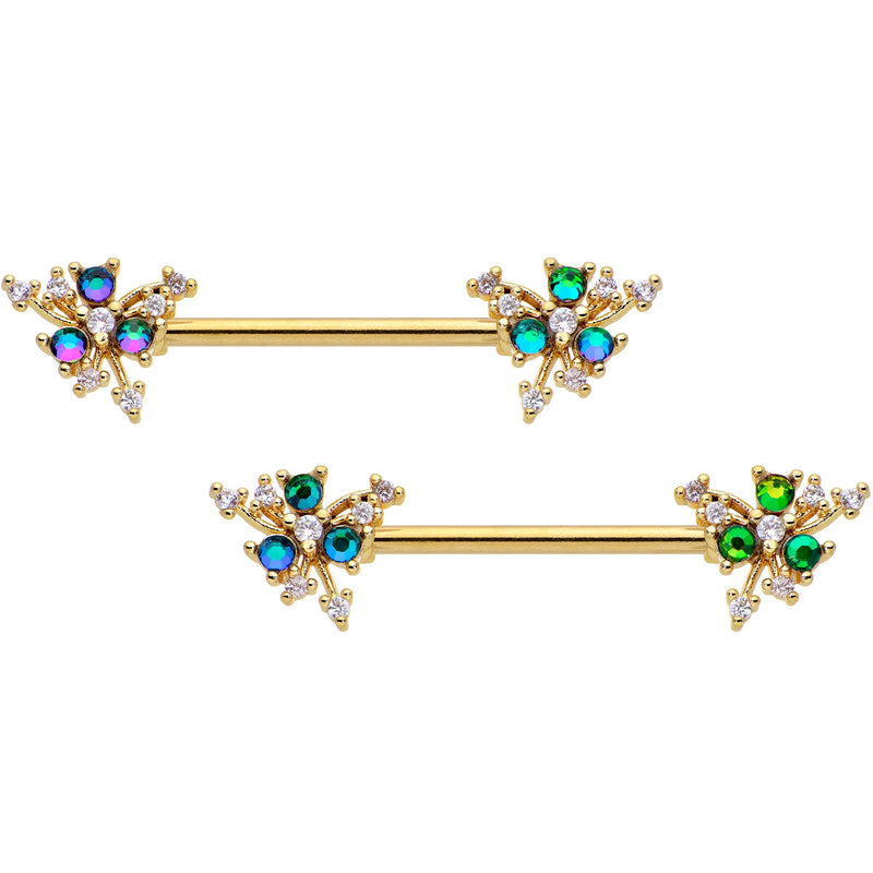 14G 9/16 Purple Tourmaline Gold Tone Spray Nipple Ring Set