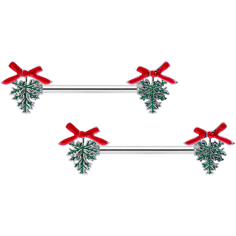 14G 9/16 Pine Bough Red Bow Christmas Barbell Nipple Ring Set