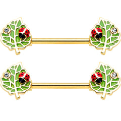 14G 9/16 Clear Gem Gold Hue Leafy Ladybug Barbell Nipple Ring Set