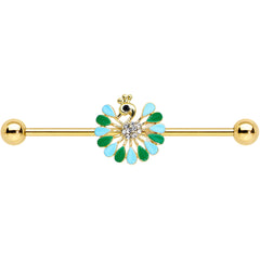 14G Clear Black Gold Tone Pretty Peacock Industrial Barbell 38mm