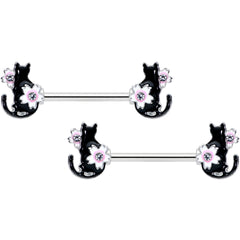 14G 9/16 Clear Gem Flowers Black Cat Barbell Nipple Ring Set