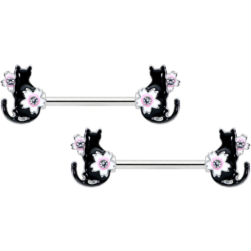 14G 9/16 Clear Gem Flowers Black Cat Barbell Nipple Ring Set