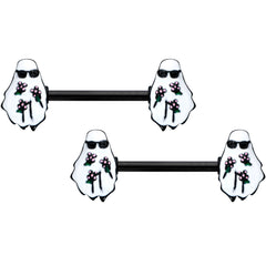 14G 9/16 Black Hipster Ghost Halloween Barbell Nipple Ring Set