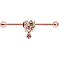 14G Pink CZ Gem Rose Gold Tone Butterfly Industrial Barbell 38mm