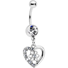 Clear Gem Floral Hollow Heart Valentines Day Dangle Belly Ring