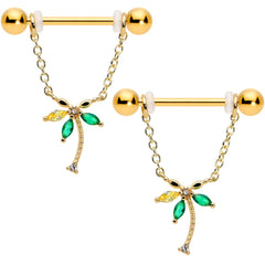 14G 9/16 Green Gem Gold Hue Palm Tree Chain Dangle Nipple Ring Set