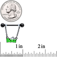 14G 5/8 Black Green Boo Smile Ghost Chain Dangle Nipple Ring Set