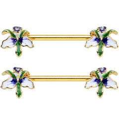 14G 9/16 Clear Gem Gold Tone Iris Flower Barbell Nipple Ring Set