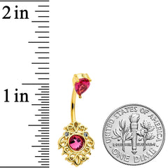 Clear Pink Gem Gold Tone Open Lace Love Double Mount Belly Ring