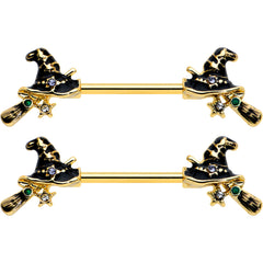 14G 9/16 Clear Gem Gold Tone Witch Hat Broom Nipple Ring Set