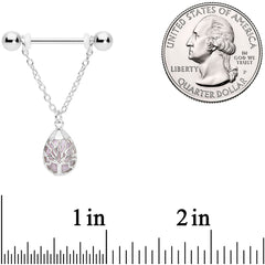14G 9/16 Pink Rose Quartz Drop Tree Chain Dangle Nipple Ring Set