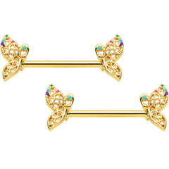 14G 9/16 Clear CZ Gem Gold Tone Heart Butterfly Nipple Ring Set