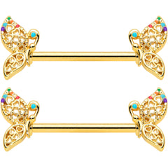 14G 9/16 Clear CZ Gem Gold Tone Heart Butterfly Nipple Ring Set