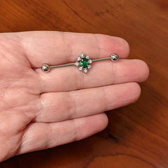 14G Clear Green Gem Ornate Art Deco Industrial Barbell 38mm