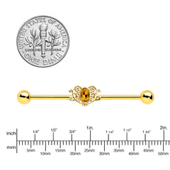 14G Yellow Gem Gold Tone Duet Scroll Industrial Barbell 38mm