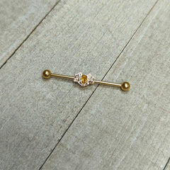 14G Yellow Gem Gold Tone Duet Scroll Industrial Barbell 38mm