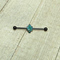 14G Green Synthetic Opal Black Fall Leaf Industrial Barbell 38mm