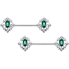 14G 9/16 Clear Green Gem Ornate Art Deco Barbell Nipple Ring Set
