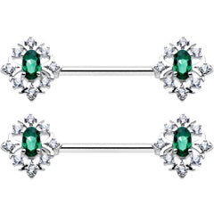 14G 9/16 Clear Green Gem Ornate Art Deco Barbell Nipple Ring Set