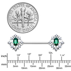 14G 9/16 Clear Green Gem Ornate Art Deco Barbell Nipple Ring Set