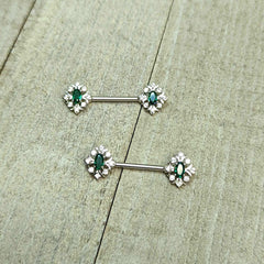 14G 9/16 Clear Green Gem Ornate Art Deco Barbell Nipple Ring Set
