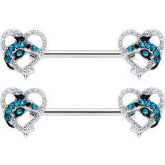 14G 9/16 Clear Blue Gem Dolphin Heart Barbell Nipple Ring Set