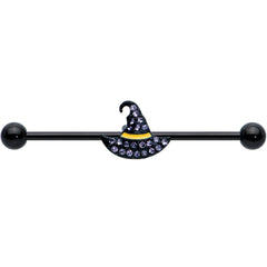 14G Clear Gem Black Witch Hat Halloween Industrial Barbell 38mm