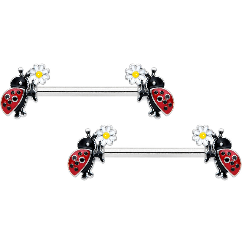 14G 1/2 Ladybug Daisy Flower Barbell Nipple Ring Set