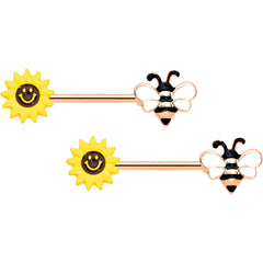 14G 9/16 Rose Gold Hue Bee Smiley Sunflower Nipple Ring Set