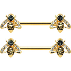 14G 9/16 Clear Black Gem Gold Tone Angular Bee Nipple Ring Set