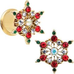 Red Green Gem Gold Tone Bright Christmas Double Flare Plug Set