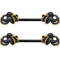 14G 9/16 Black Understated Octopus Barbell Nipple Ring Set