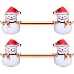 14G 9/16 Rose Gold Tone Smiling Snowman Christmas Nipple Ring Set