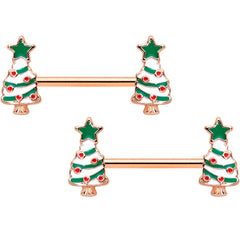14G 9/16 Red Gem Rose Gold Tone Christmas Tree Nipple Ring Set