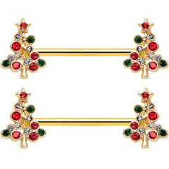 14G 9/16 Red Gem Gold Tone Christmas Tree Nipple Ring Set