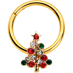 16G 3/8 Dazzline Gem Gold Tone Christmas Tree Hinged Segment Ring