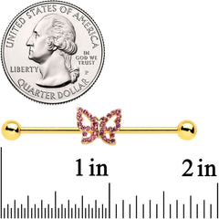 14G Pink Gem Gold Tone Simple Butterfly Industrial Barbell 38mm