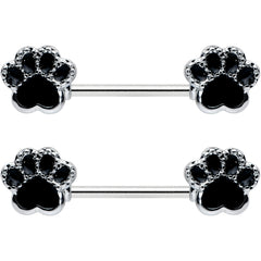 14G 9/16 Textured Black Paw Print Barbell Nipple Ring Set