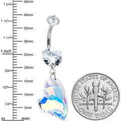 Clear Aurora CZ Gem Triple Glam Heart Valentines Day Dangle Belly Ring