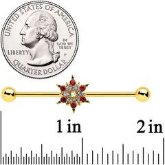 14G Red Gem Gold Tone Bright Christmas Industrial Barbell 38mm