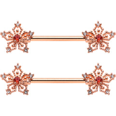 14G 9/16 Red Gem Rosy Hue Texture Snowflake Barbell Nipple Ring Set