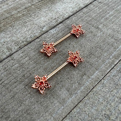 14G 9/16 Red Gem Rosy Hue Texture Snowflake Barbell Nipple Ring Set