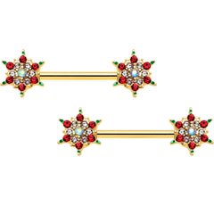 14G 9/16 Red Gem Gold Hue Bright Christmas Barbell Nipple Ring Set