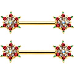 14G 9/16 Red Gem Gold Hue Bright Christmas Barbell Nipple Ring Set