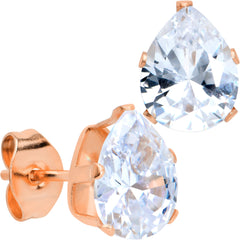 CZ Teardrop Clear Rose Gold Tone Stainless Steel Stud Earrings 3mm to 7mm