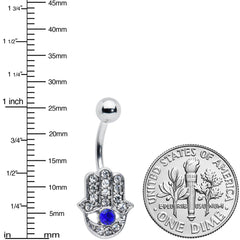 Clear Blue Gem Eye Hamsa Hand Belly Ring