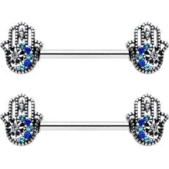 14G 9/16 Clear Blue Gem Textured Hamsa Hand Nipple Ring Set